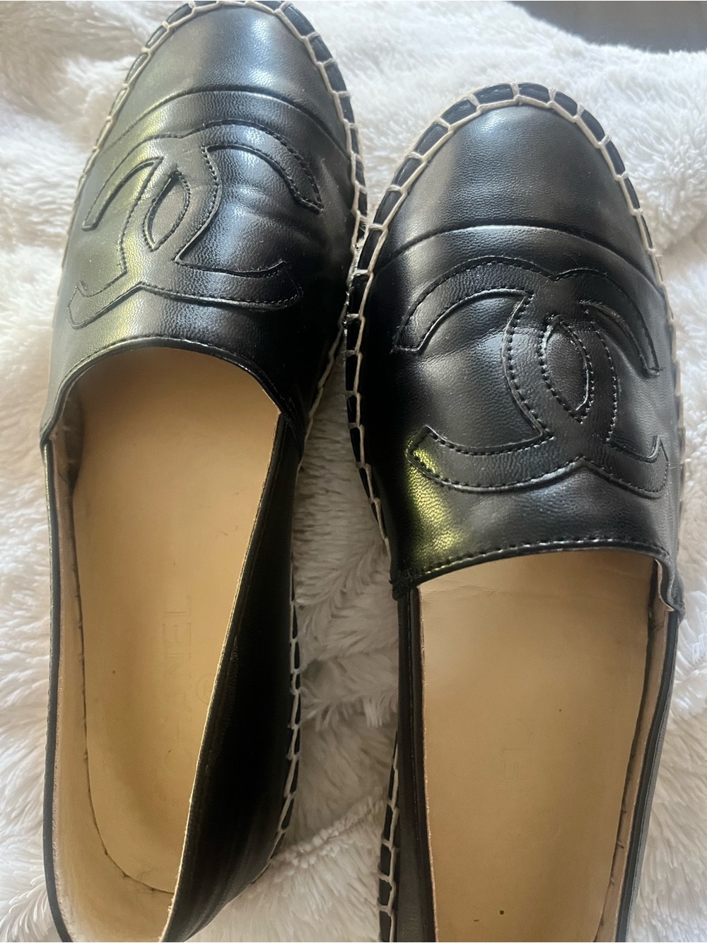 CC logo - Black Leather Espadrille Slip-On Flats